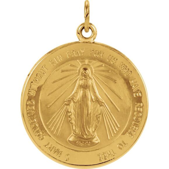 14k Yellow Gold Round Miraculous Medal Pendant 20mm (3/4 Inch)